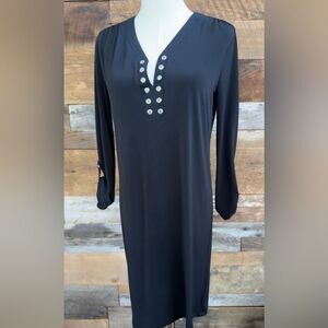 Michael Kors Black V-neck Long roll Sleeve Dress with Silver eyelet Details Sz M